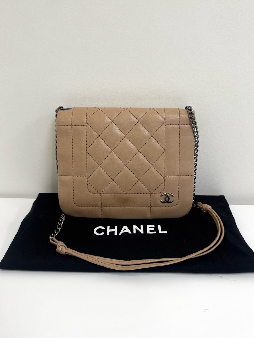 Chanel Beige Quilted Lambskin CC Flap Shoulder Bag Tan Silver Leather Crossbody